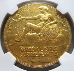 1908年オーストリア100コロナ雲上の女神金貨 NGC AU55